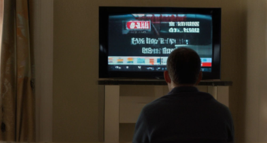In a dimly lit room, a man sits before a large television, eyes glued to the horse race unfolding on screen