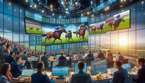 A vibrant sports broadcast studio featuring live horse race footage, betting analytics, and a diverse audience engaged.
