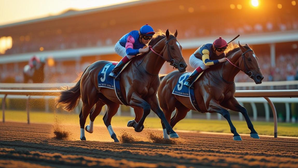 Racehorses sprint on a dirt track at sunrise with motion and energy.