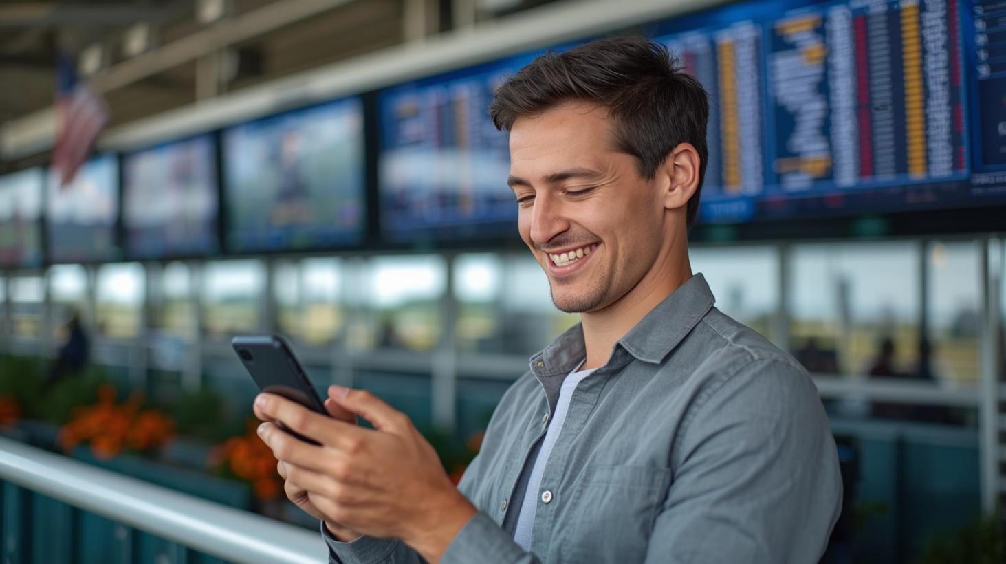 Smiling bettor checks phone at racetrack with blurred screens and bright daylight surroundings.