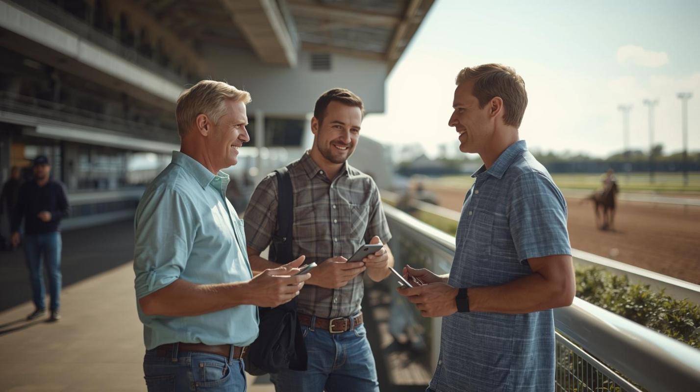 Three men enjoying a modern horse racing day with crypto-inspired betting enthusiasm.