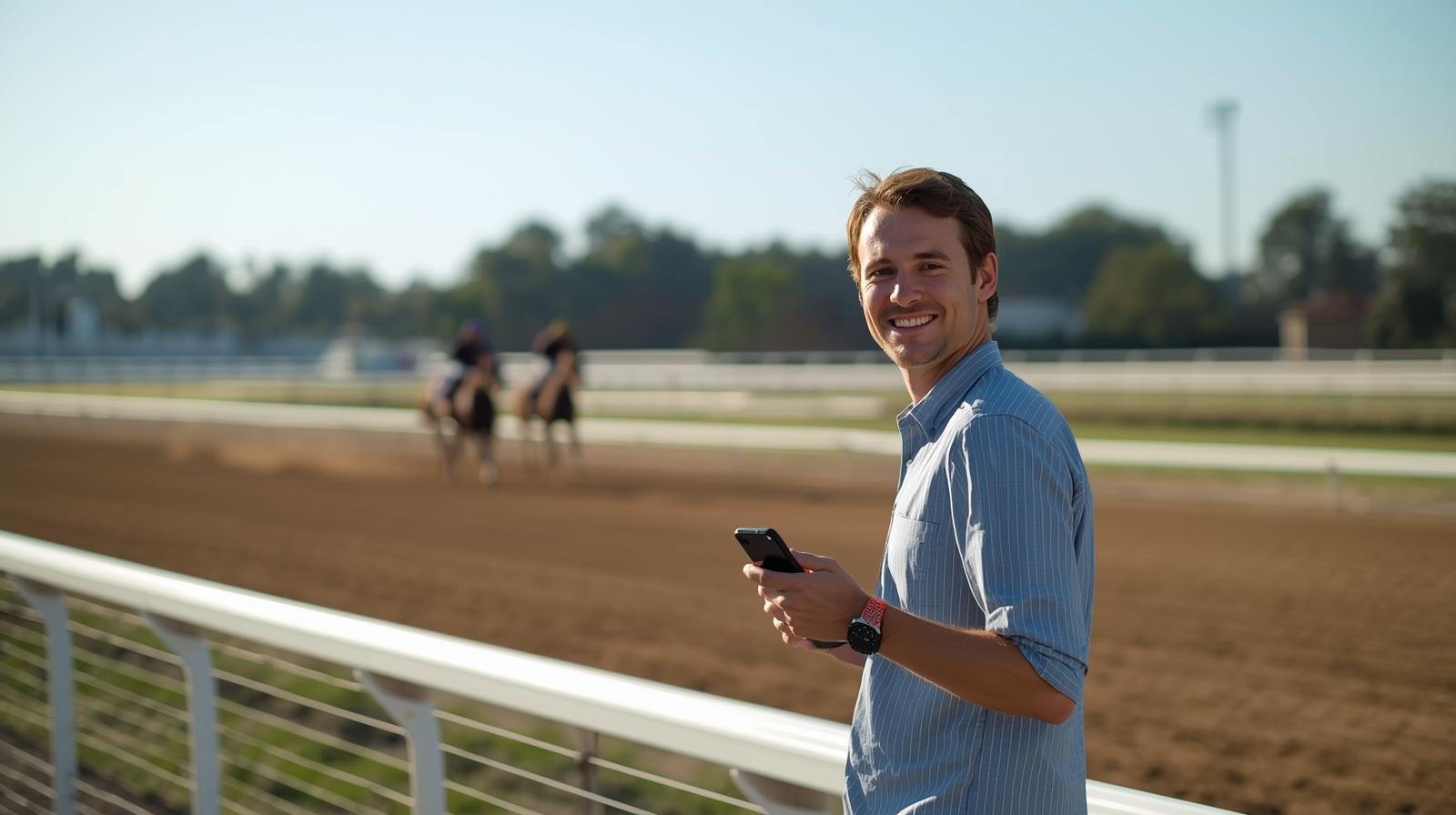 A casual spectator enjoying digital horse betting atmosphere beside a lively racetrack outdoors.