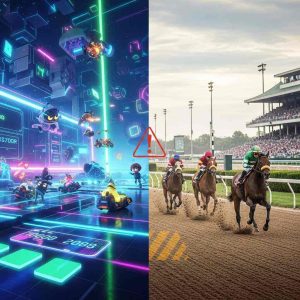 A split scene with a colorful gaming platform on one side and a horse racing track on the other, symbolizing the contrast between gaming environments and traditional betting