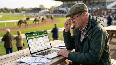 Horse racing fan comparing licensed online casinos in Belgium before placing bets.
